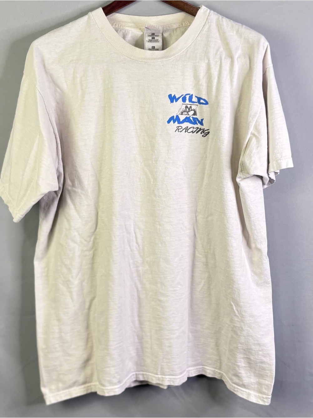 Hanes Beige Short-Sleeve Tee with Blue Wild Man Racing Logo